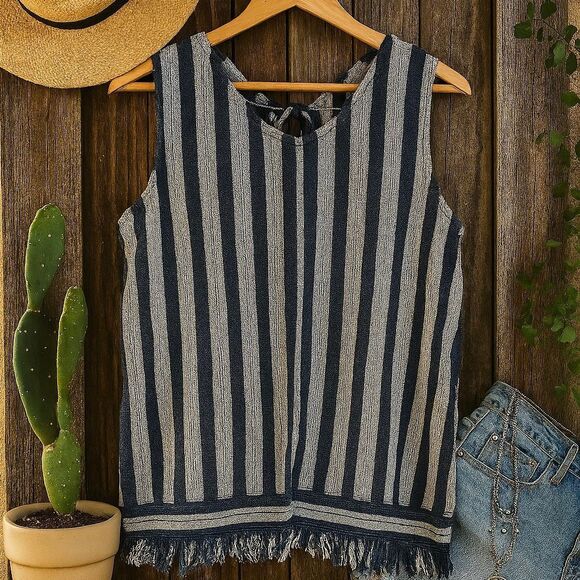 Chelsea & Theodore Linen Blend Striped Tank – Frayed Hem, Boho Summer Style Sz M - Picture 2 of 4